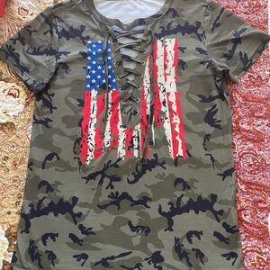 Lace-Up Camo Tee with Distressed American Flag